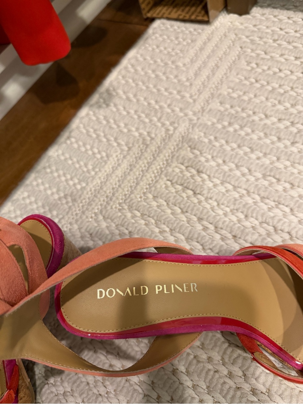Donald J. Pliner Pink, Coral & Magenta Suede Cork Wedge Sandals - Picture 6 of 6